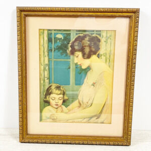 Vintage J. Knowles Hard Framed Art Print Baby's Prayer Mother and Child 13x11